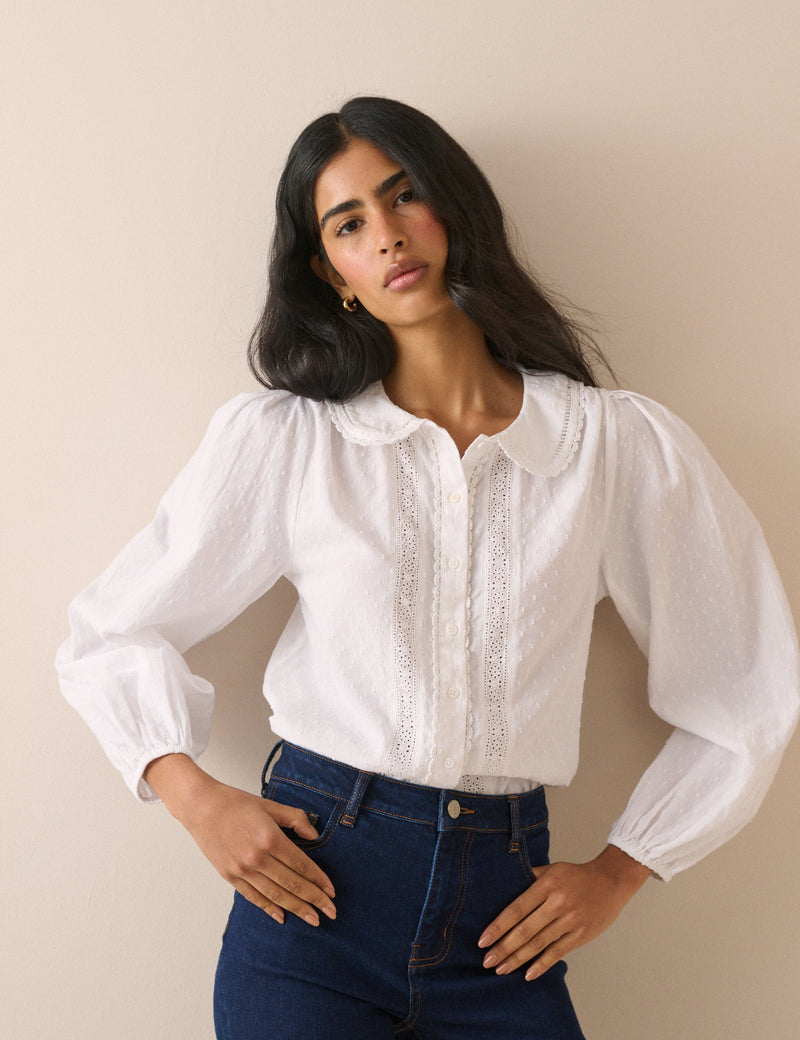 White Long Sleeve Broderie Anglaise Peter Pan Collar Blouse