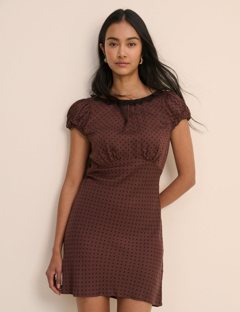 Brown Polka Dot Puff Sleeve Marianna Midi Dress