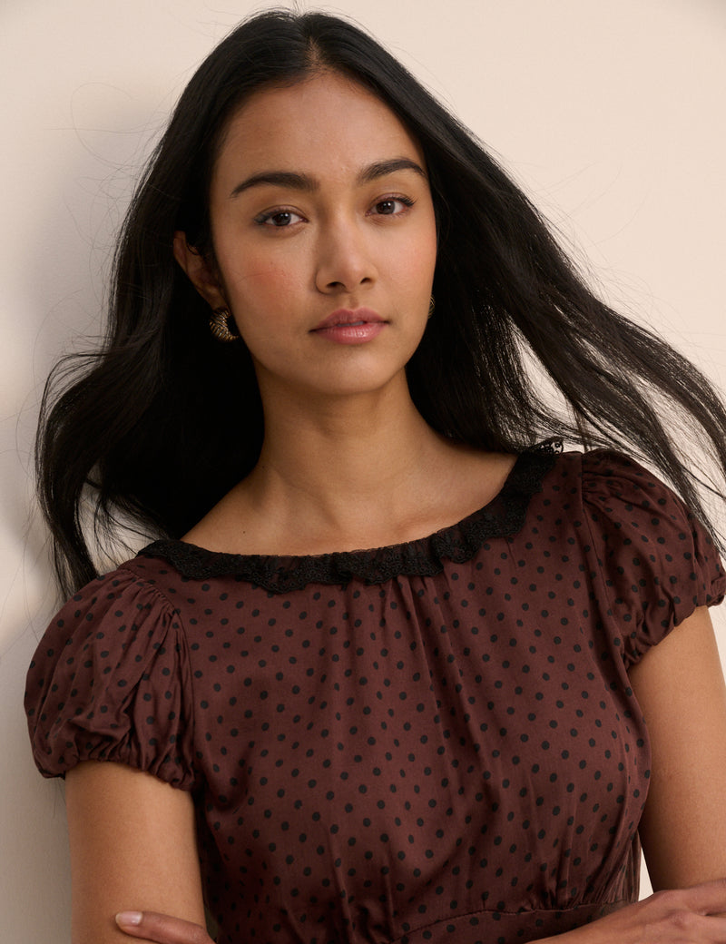 Brown Polka Dot Puff Sleeve Marianna Midi Dress