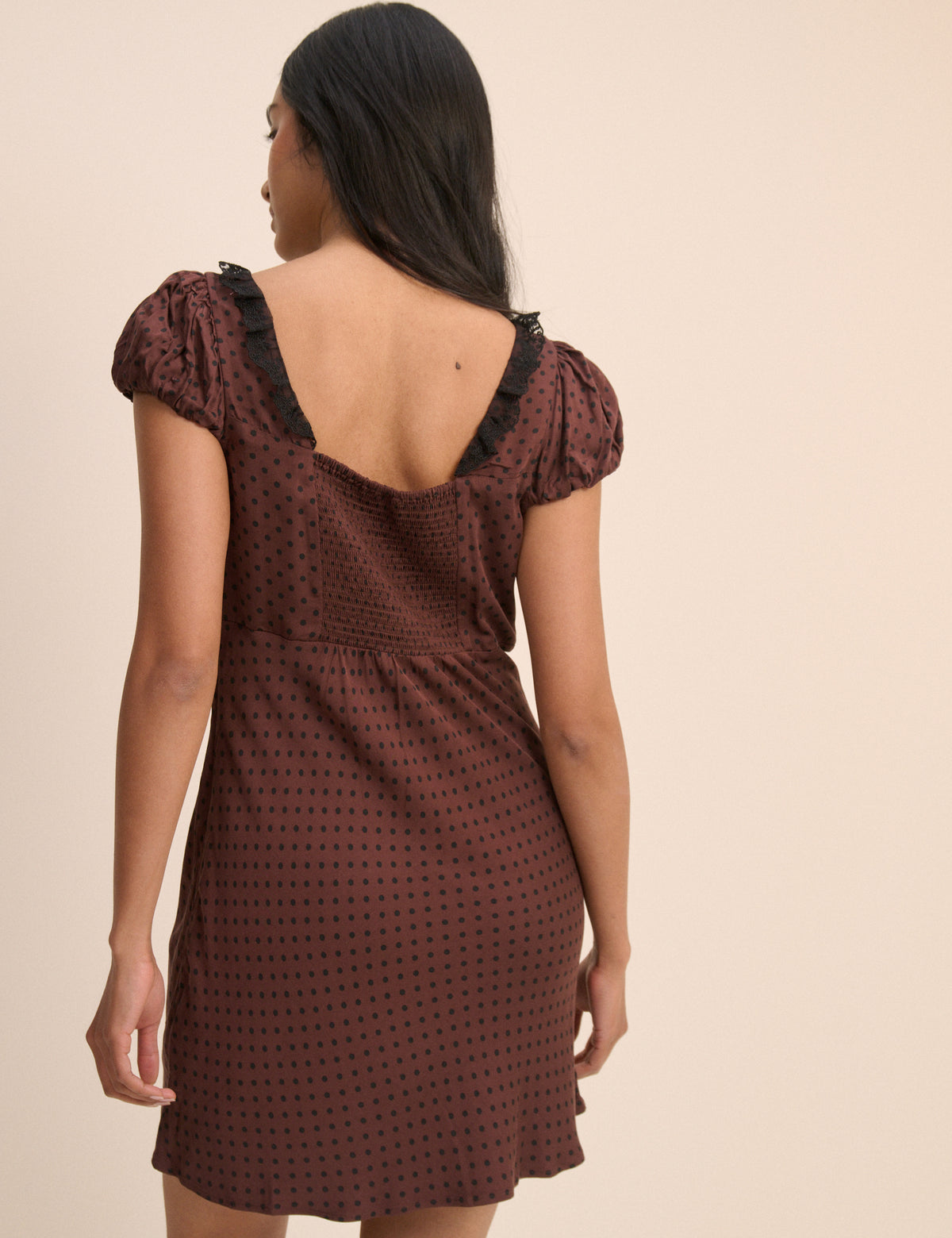 Brown Polka Dot Puff Sleeve Marianna Midi Dress