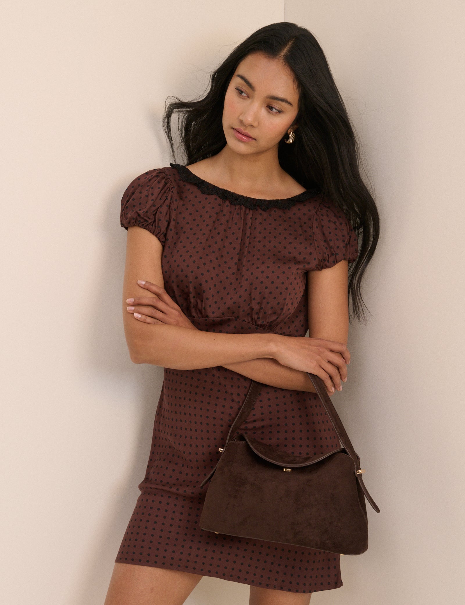 Brown Polka Dot Puff Sleeve Marianna Midi Dress