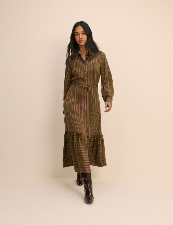 Khaki Striped Brandy Shirt Midi Dress