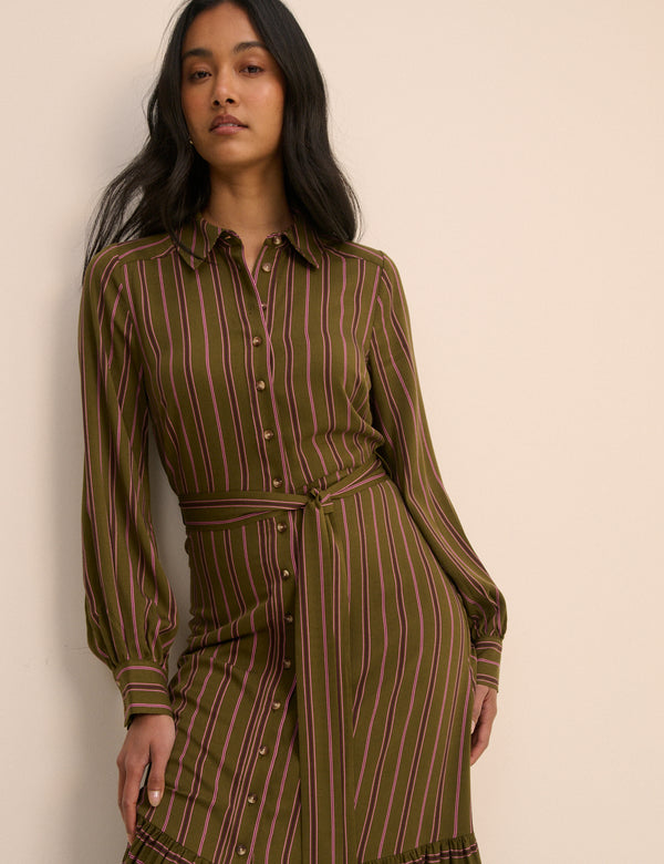 Khaki Striped Brandy Shirt Midi Dress