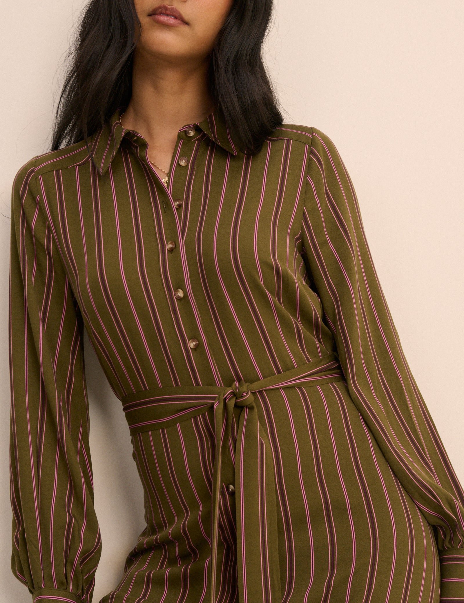 Khaki Striped Brandy Shirt Midi Dress