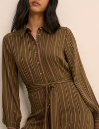Khaki Striped Brandy Shirt Midi Dress