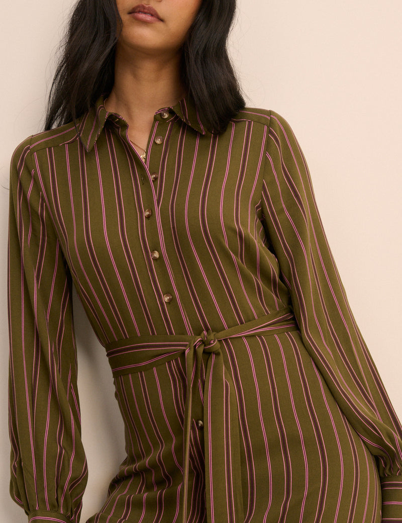 Khaki Striped Brandy Shirt Midi Dress