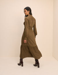 Khaki Striped Brandy Shirt Midi Dress