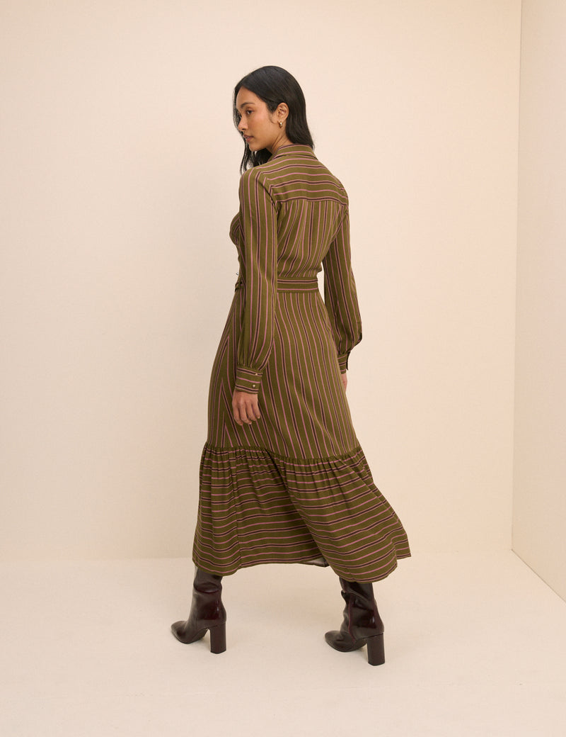 Khaki Striped Brandy Shirt Midi Dress