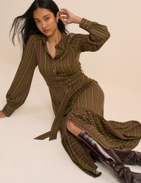Khaki Striped Brandy Shirt Midi Dress