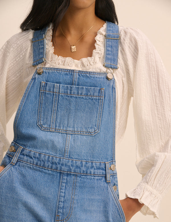 Mid Wash Denim Barrel Leg Dungarees