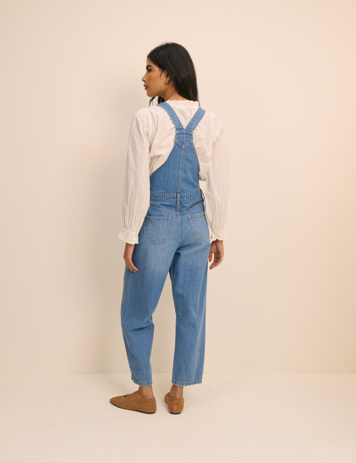 Mid Wash Denim Barrel Leg Dungarees