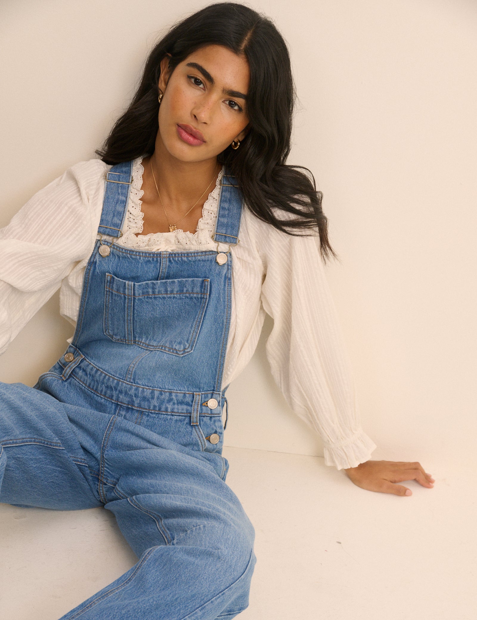 Mid Wash Denim Barrel Leg Dungarees