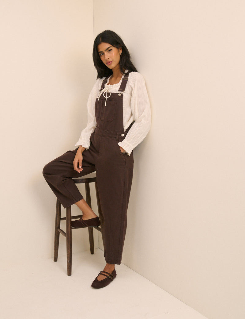 Chocolate Brown Barrel Leg Denim Dungaree