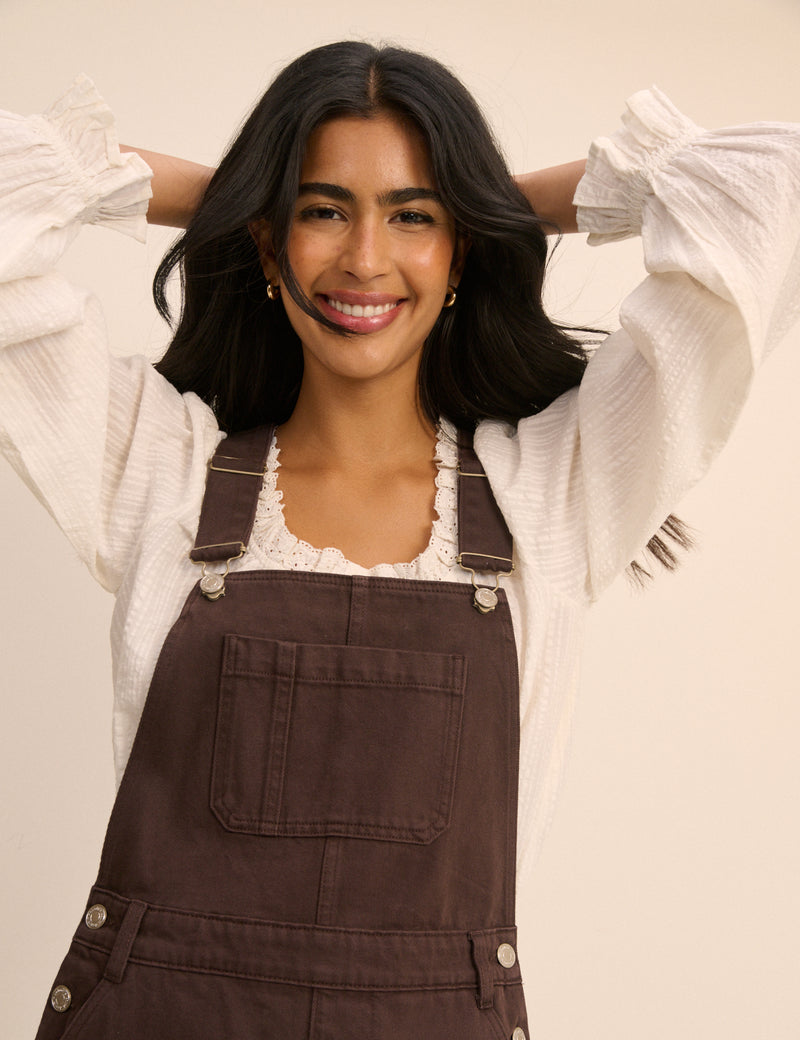 Chocolate Brown Barrel Leg Denim Dungaree