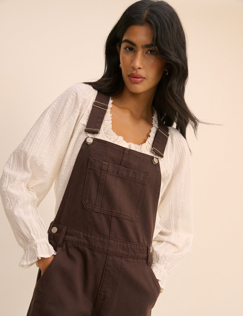 Chocolate Brown Barrel Leg Denim Dungaree