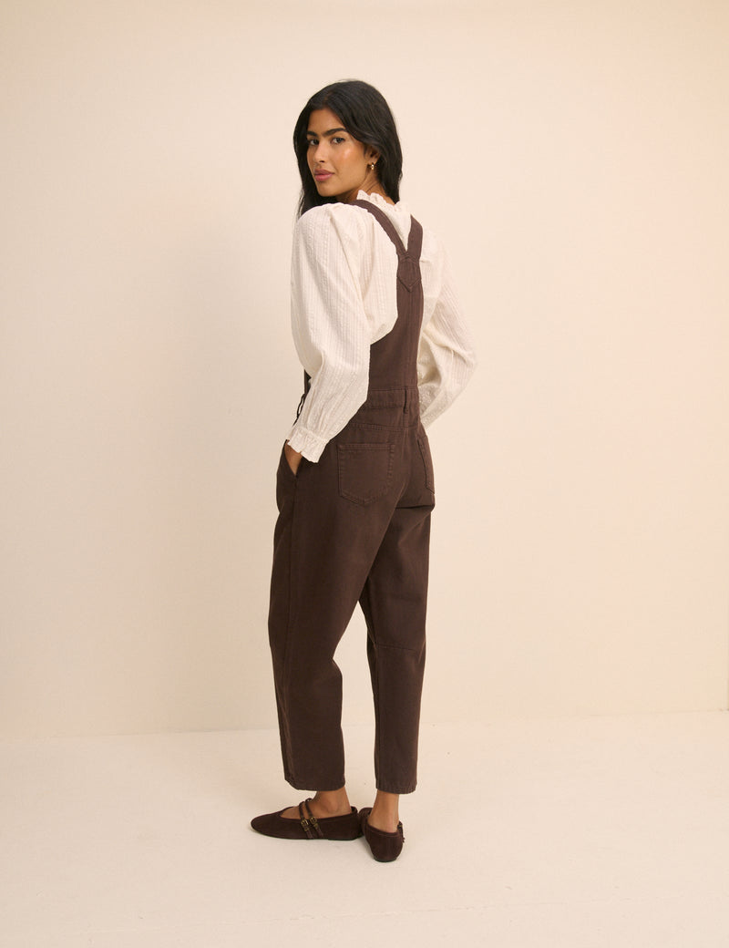 Chocolate Brown Barrel Leg Denim Dungaree
