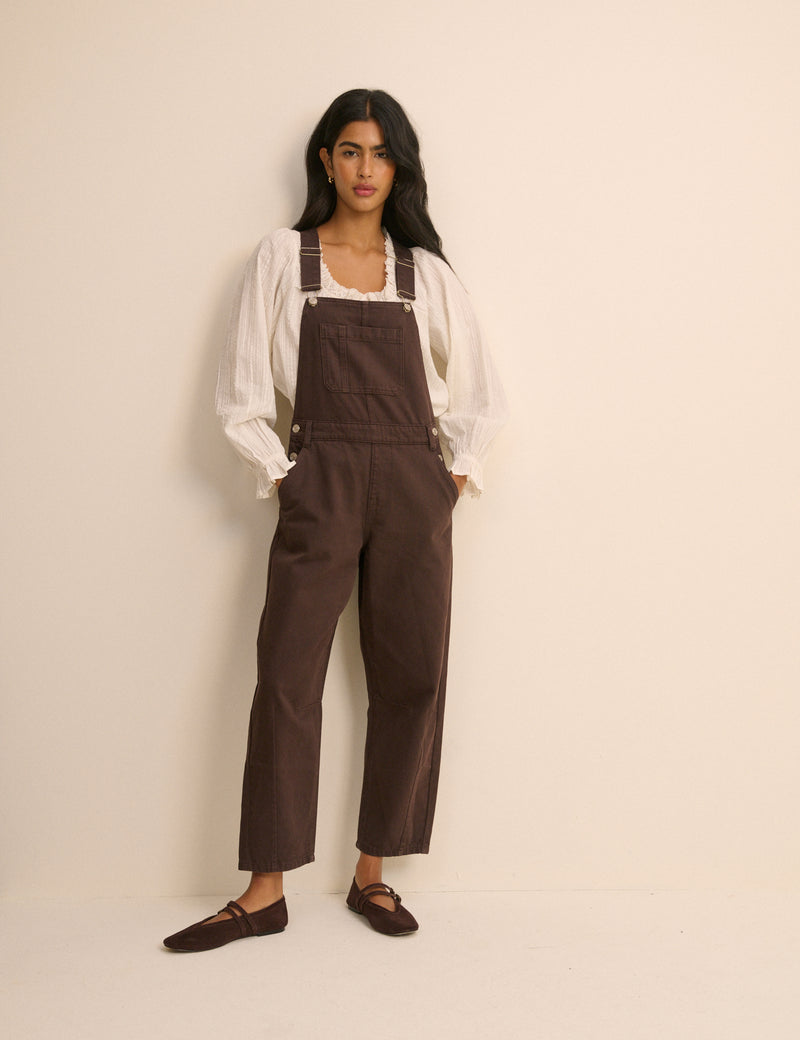 Chocolate Brown Barrel Leg Denim Dungaree
