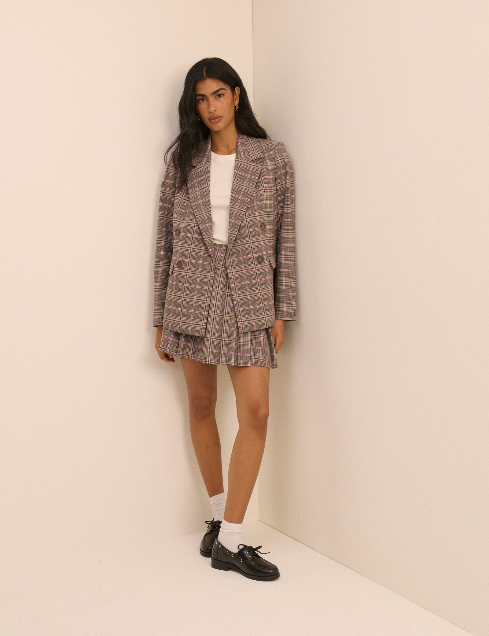 Pink and Grey Check Wrap Mini Skirt