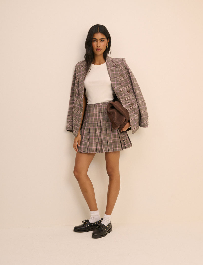 Pink and Grey Check Wrap Mini Skirt