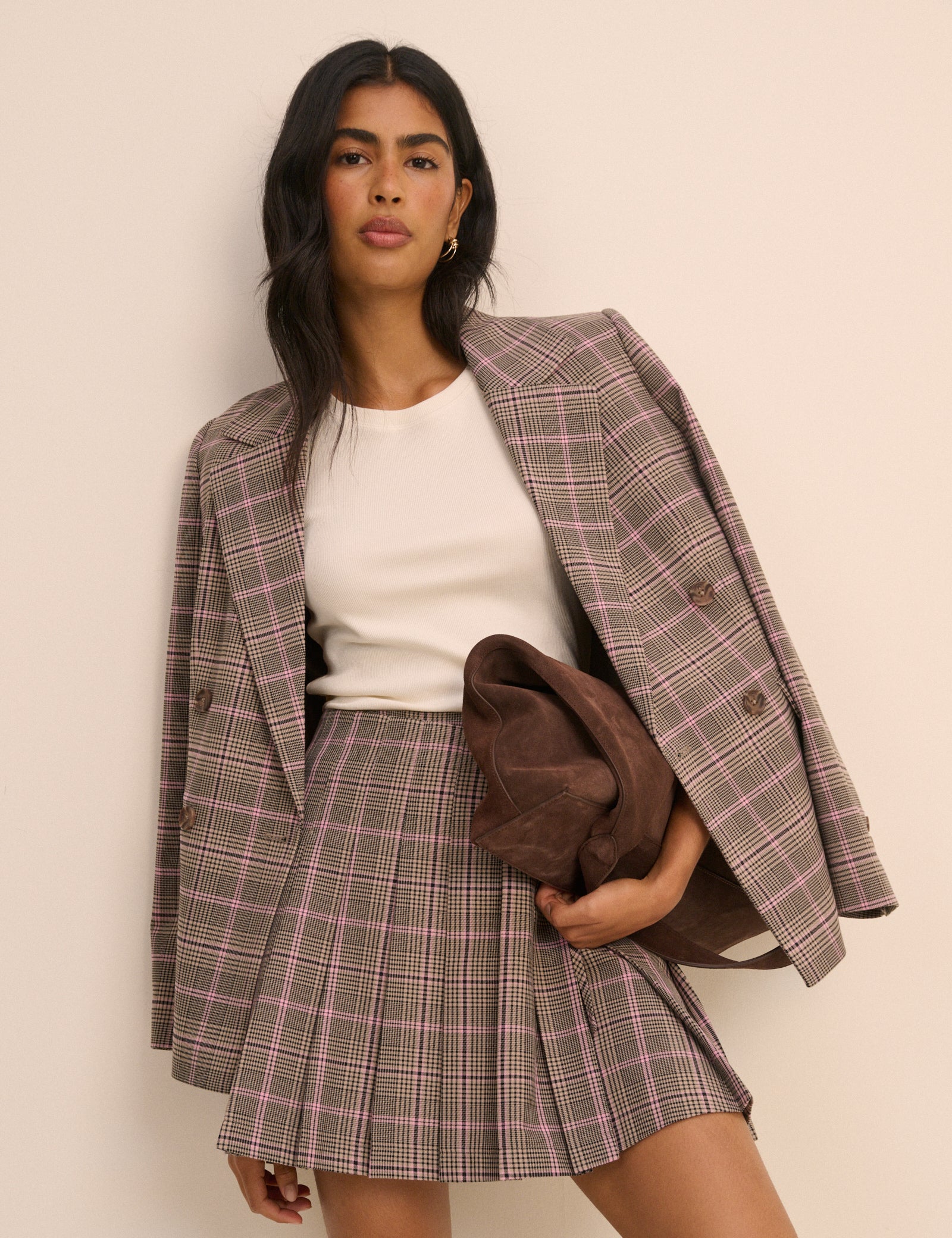 Pink and Grey Check Wrap Mini Skirt