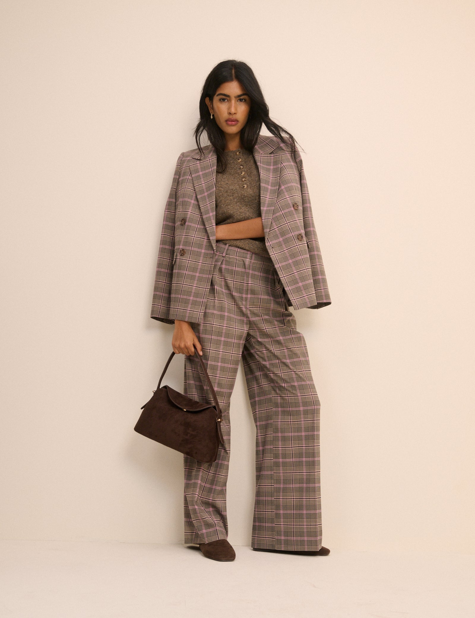 Petite Brown Check Wide Leg Rue Trousers