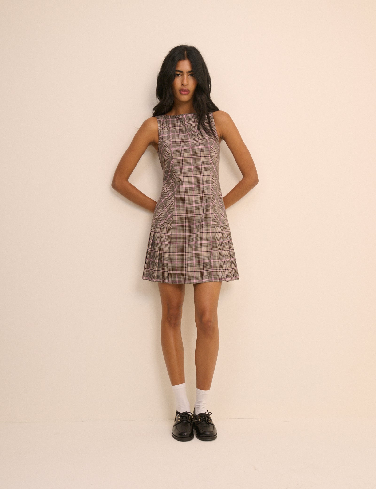 Brown Check Pleated Mary Mini Dress