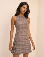 Brown Check Pleated Mary Mini Dress