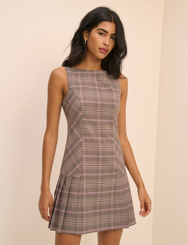 Brown Check Pleated Mary Mini Dress