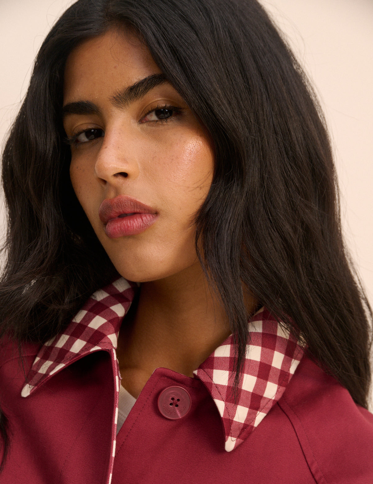 Red Gingham Trim Trench Coat