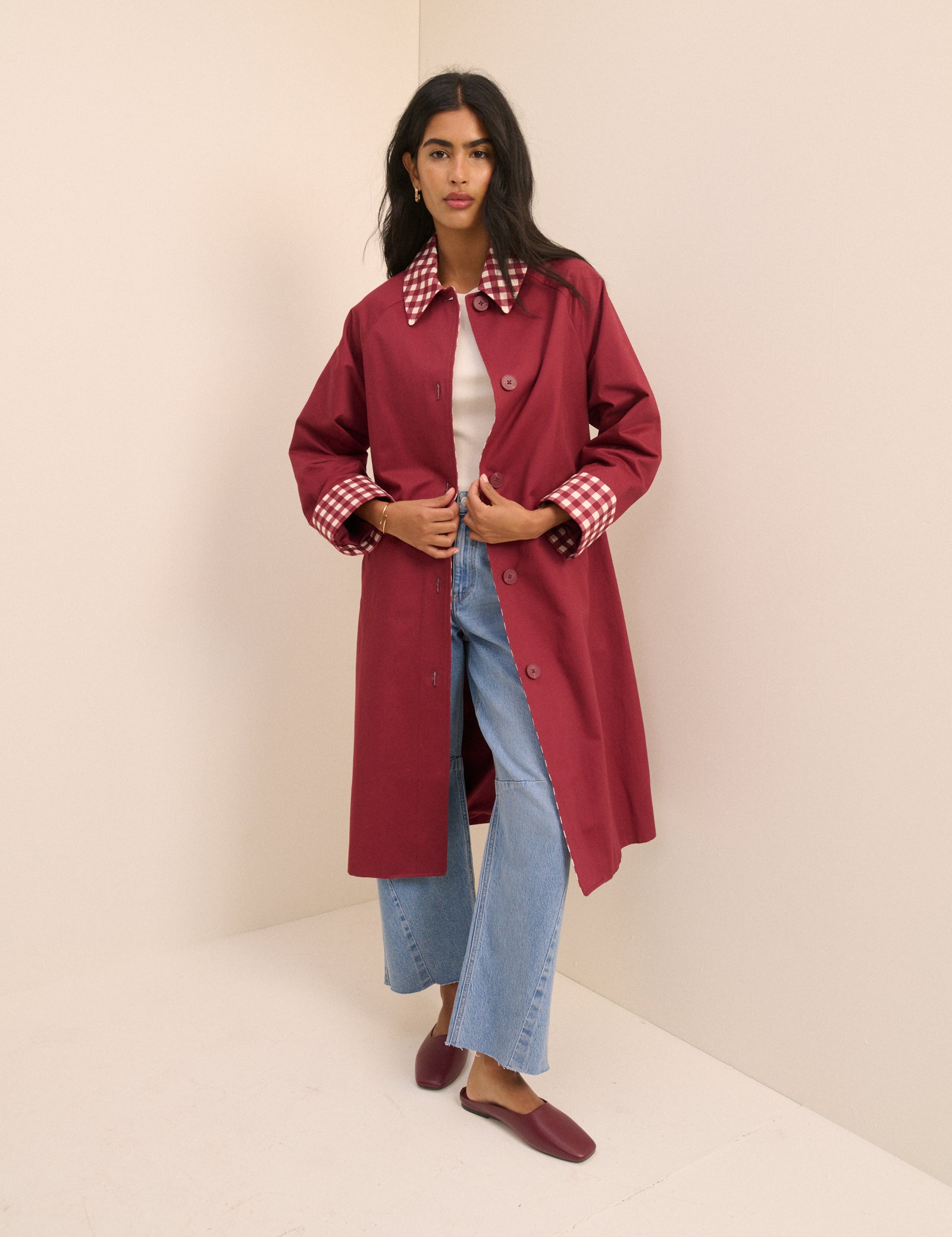 Red Gingham Trim Trench Coat