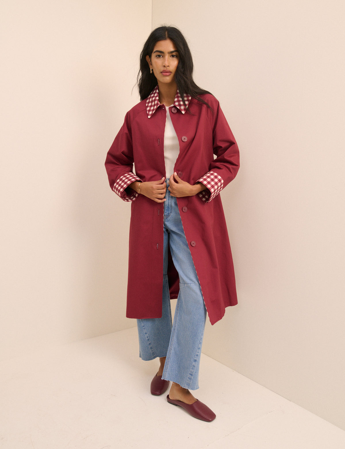 Red Gingham Trim Trench Coat