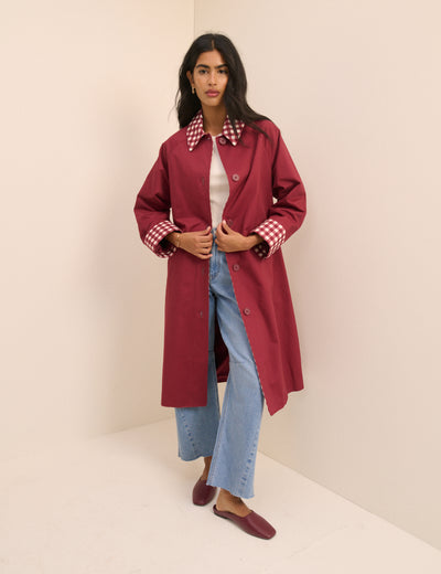 Red Gingham Trim Trench Coat