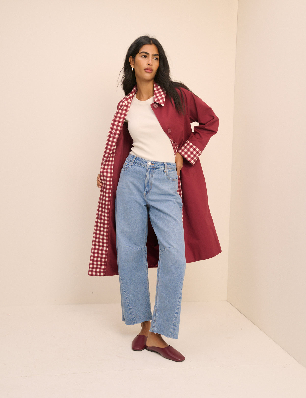 Red Gingham Trim Trench Coat