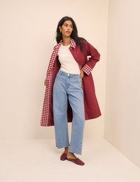 Red Gingham Trim Trench Coat