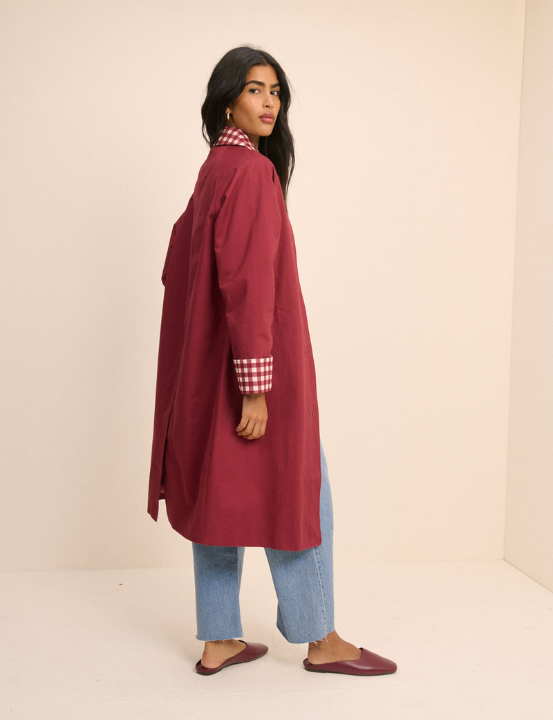 Red Gingham Trim Trench Coat