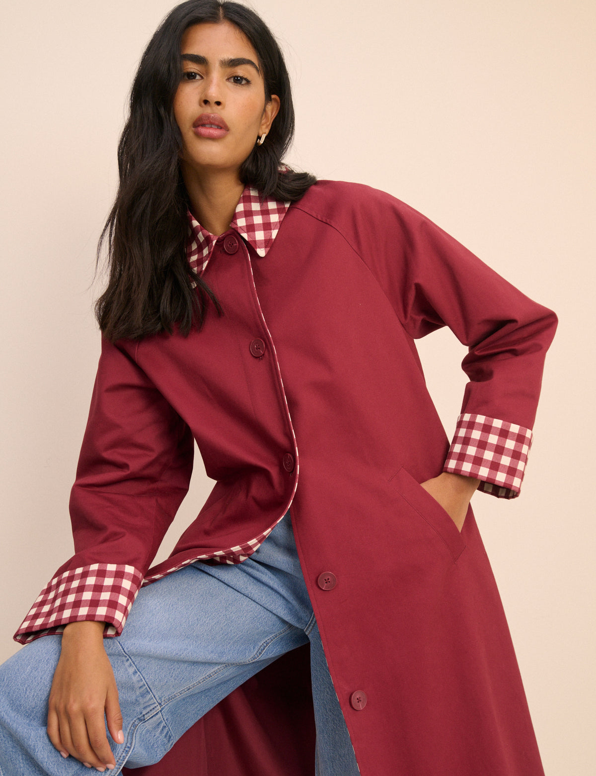 Red Gingham Trim Trench Coat