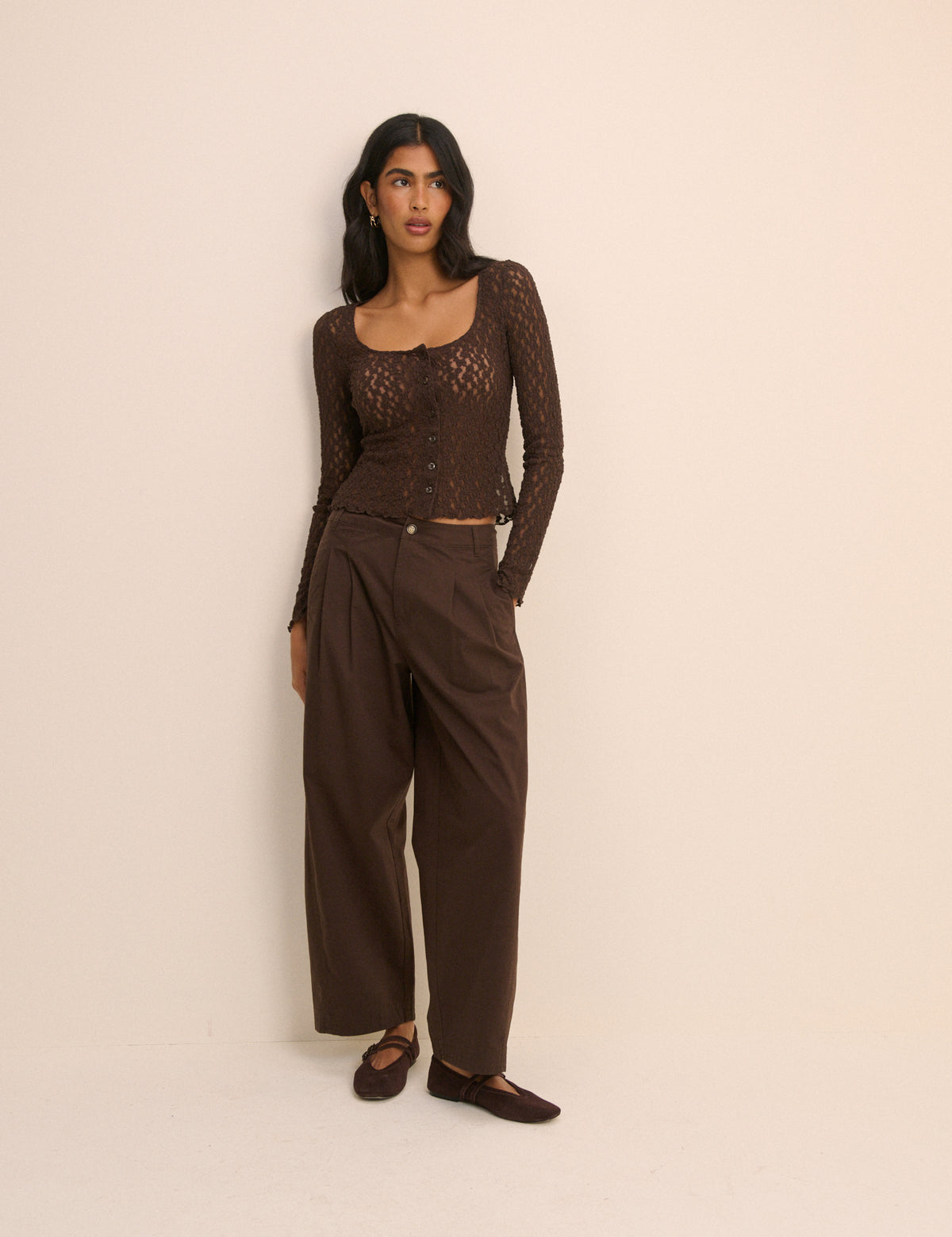 Brown Pleated Wide Leg Trousers