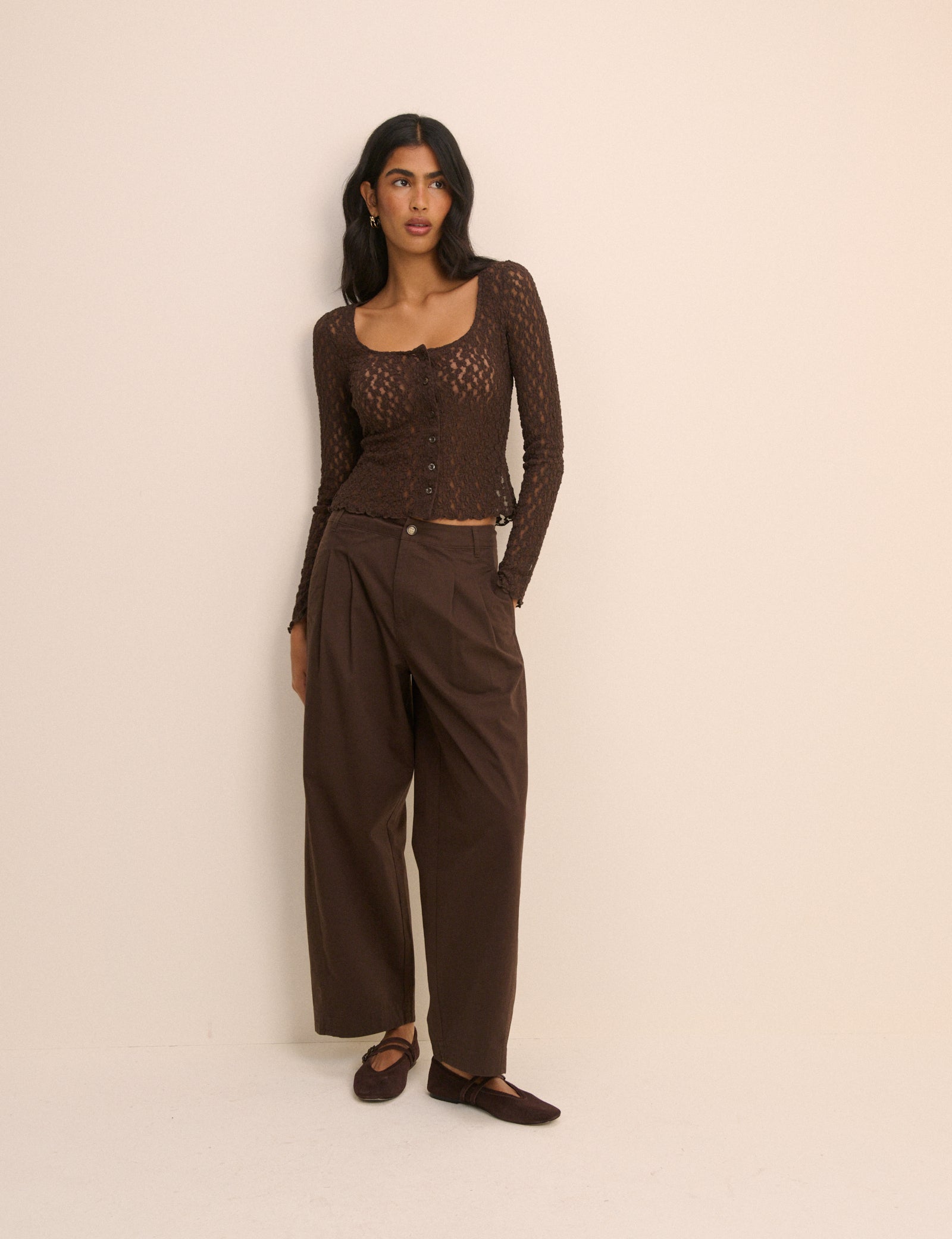 Brown Pleated Wide Leg Trousers