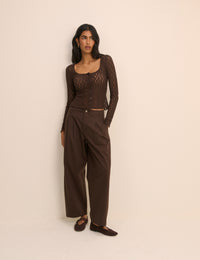 Brown Pleated Wide Leg Trousers