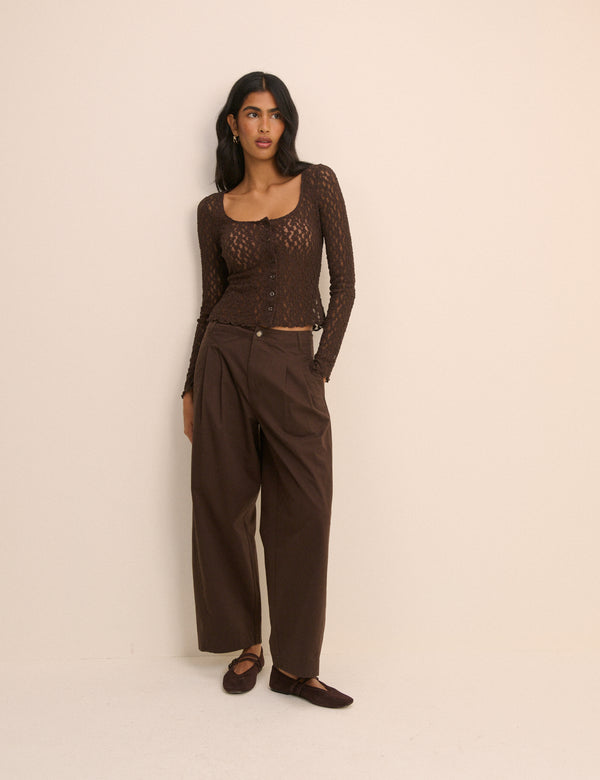 Brown Pleated Wide Leg Trousers