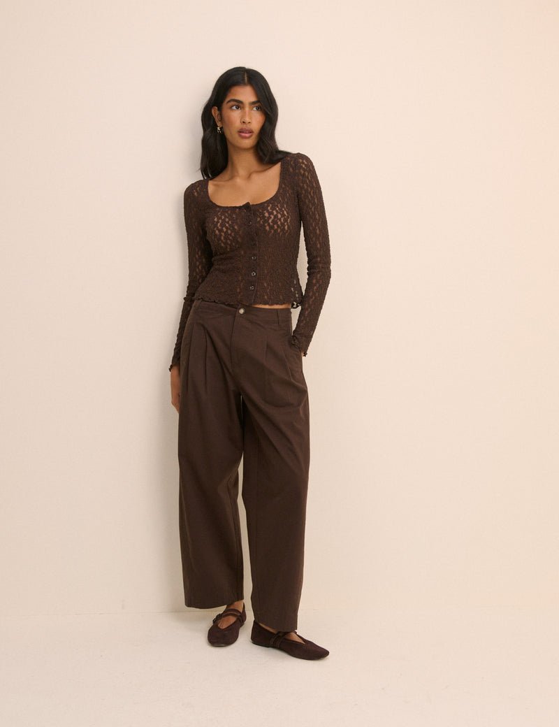Brown Pleated Wide Leg Trousers