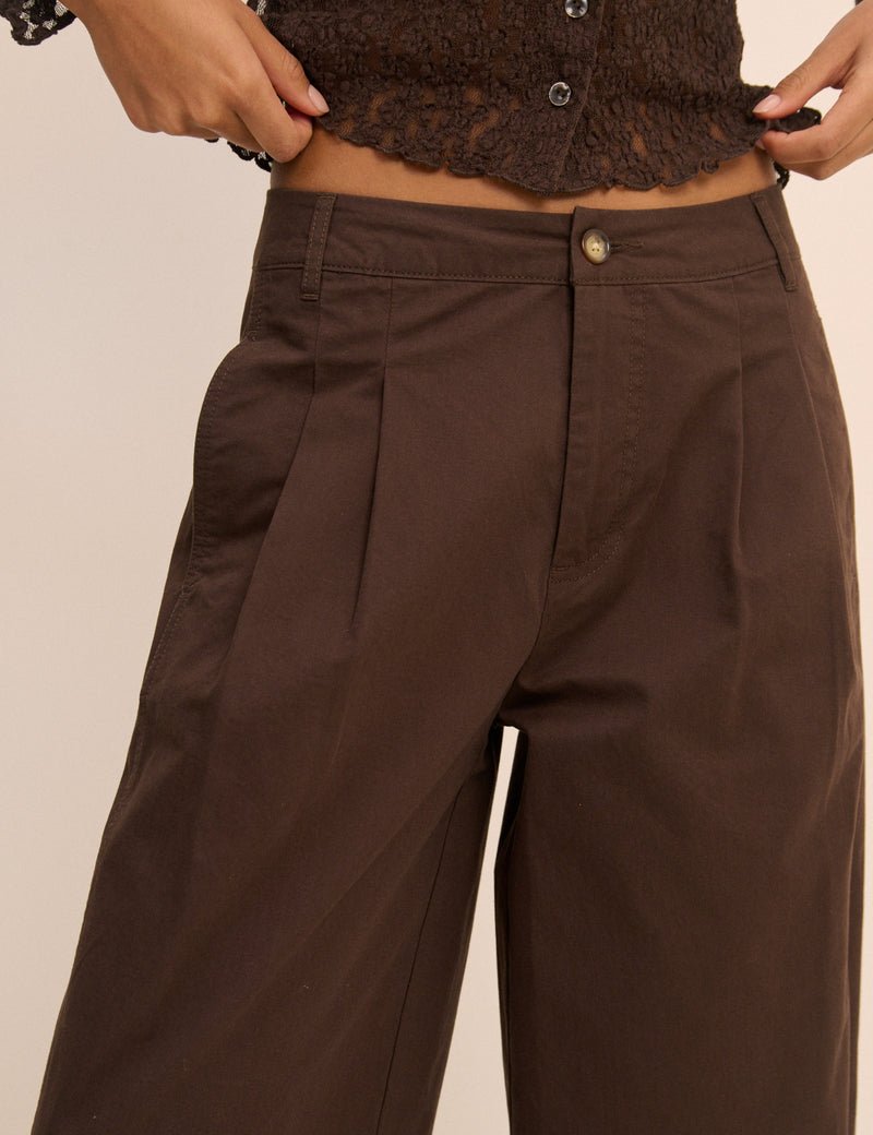 Brown Pleated Wide Leg Trousers