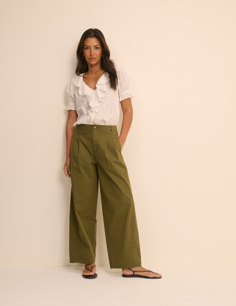 Khaki Pleated Wide Leg Trousers
