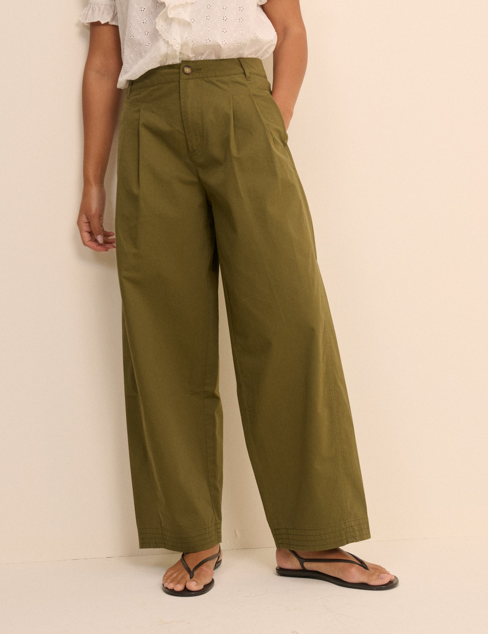 Khaki Pleated Wide Leg Trousers