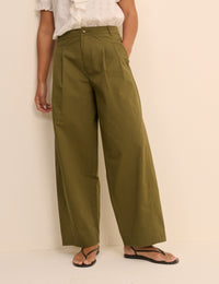 Khaki Pleated Wide Leg Trousers