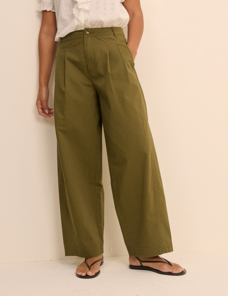 Khaki Pleated Wide Leg Trousers