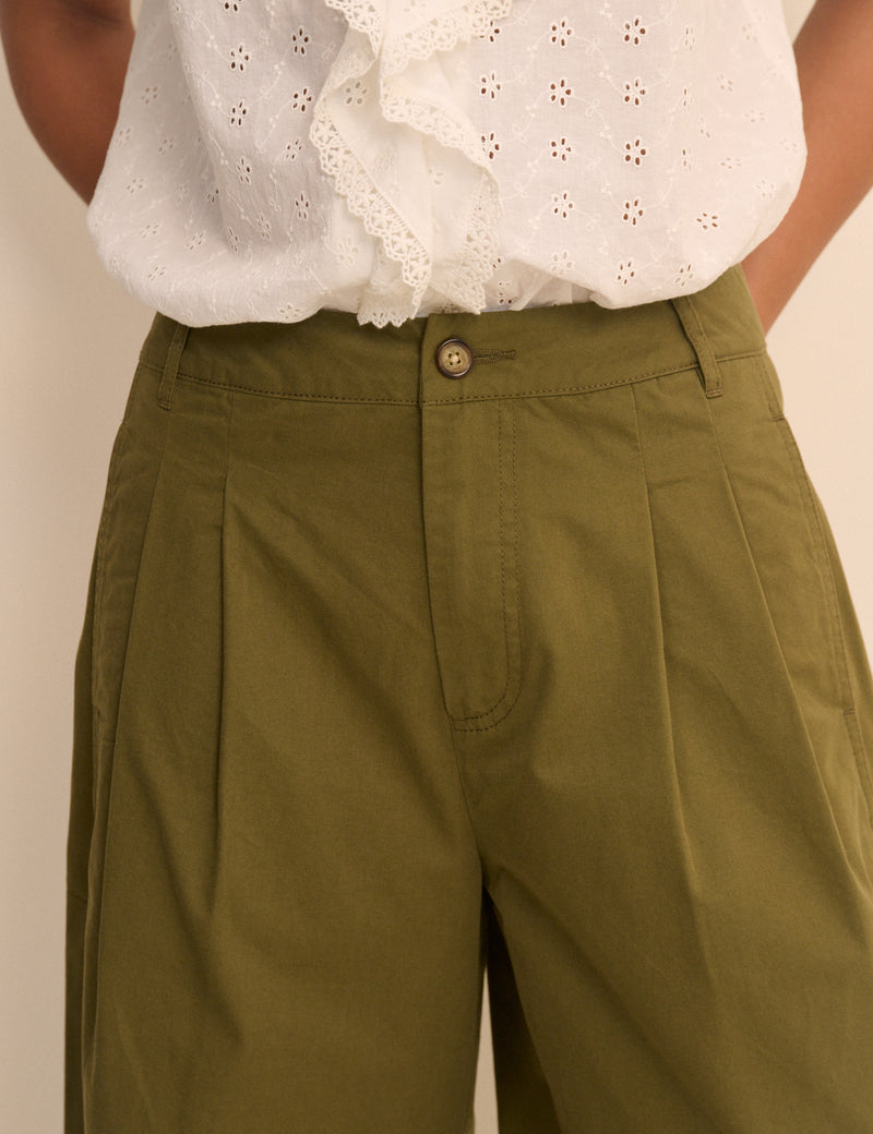 Khaki Pleated Wide Leg Trousers