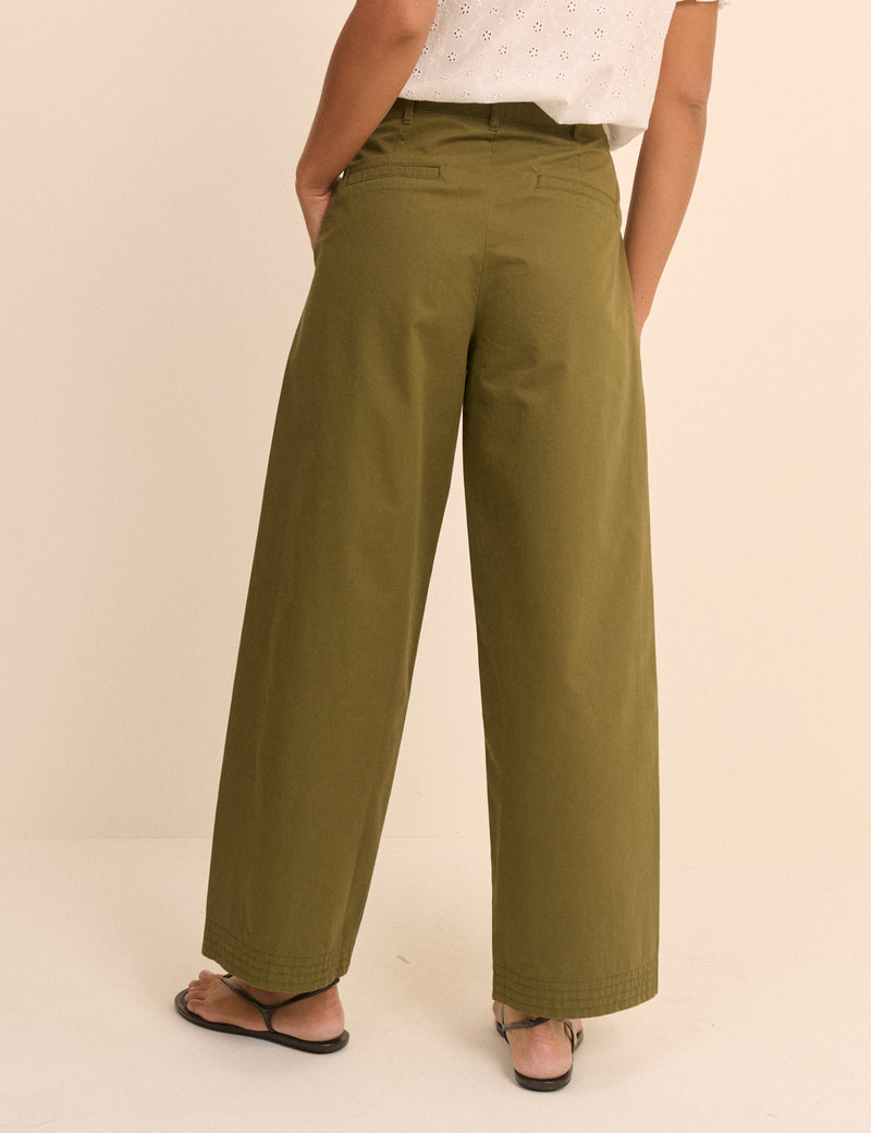 Khaki Pleated Wide Leg Trousers