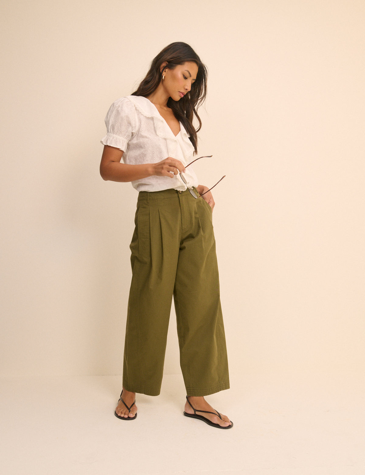 Khaki Pleated Wide Leg Trousers