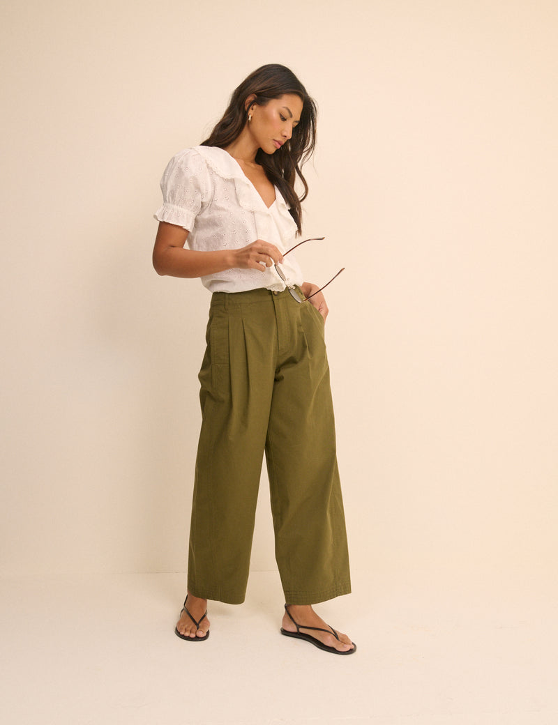 Khaki Pleated Wide Leg Trousers